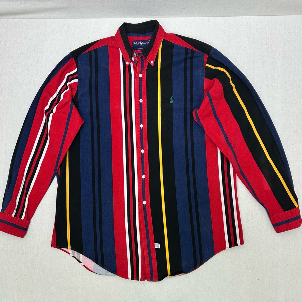 Ralph Lauren Vintage Red, Navy & Yellow Vertical Stripe Button-Down Shirt